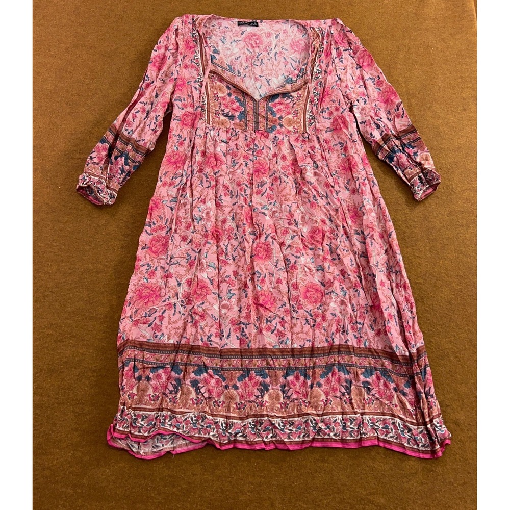 Noracora Womens XL Pink Floral Boho Long Sleeve Midi Dress